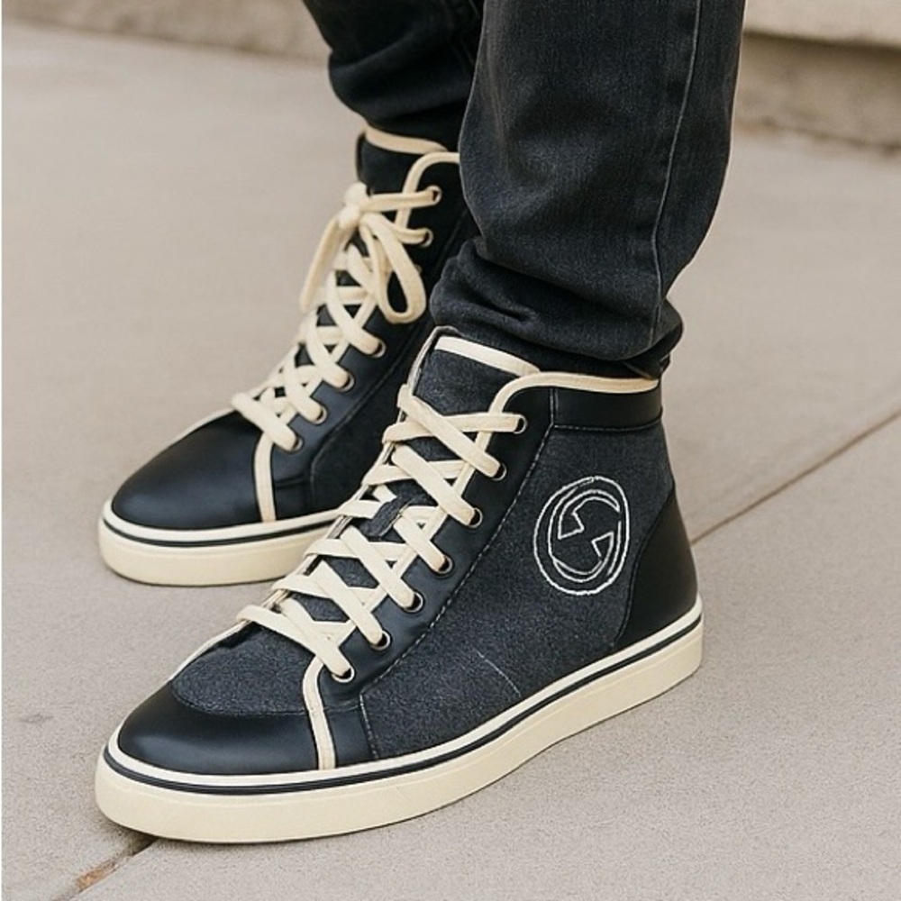 Authentic Gucci Men’s High-Top Sneakers Black Leather & Gray Felt with GG Logo.